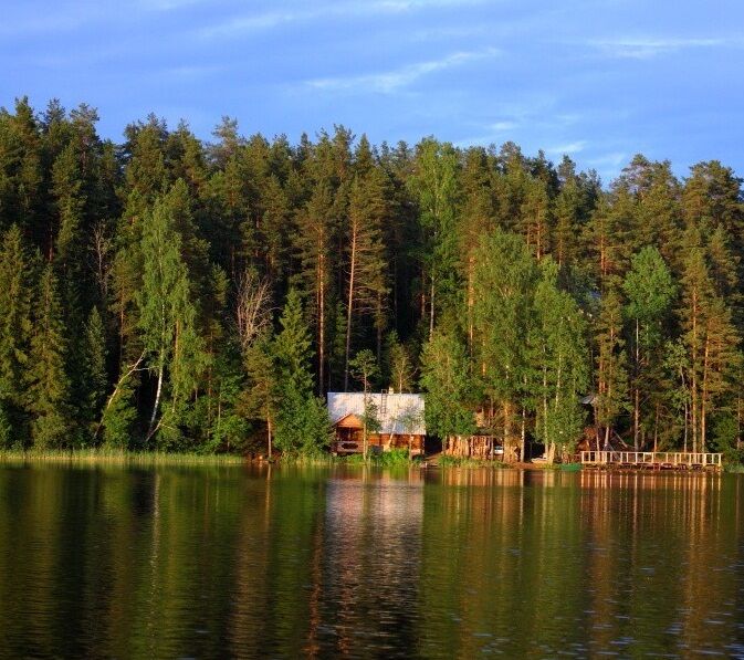Вид на коттеджи с озера | Берендеево царство, Новгородская область